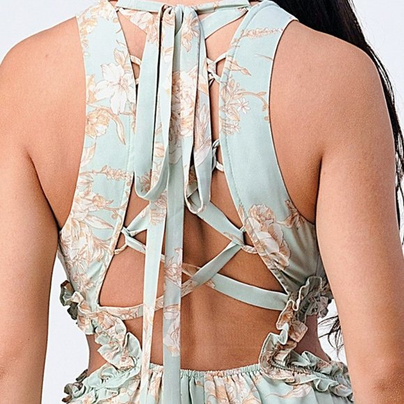 Sage Floral Cut out sides Lace up Vintage look Tan Green Maxi dress size Small - Picture 4 of 8